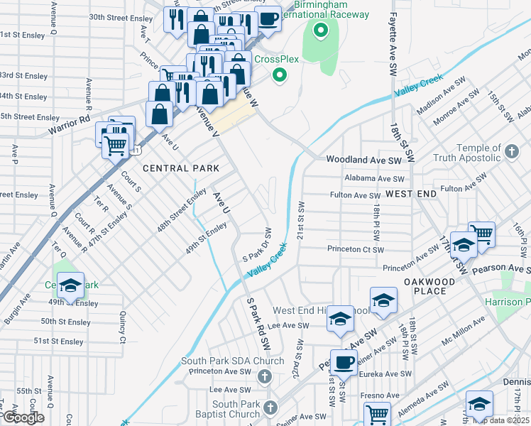 map of restaurants, bars, coffee shops, grocery stores, and more near 2213 South Park Drive Southwest in Birmingham