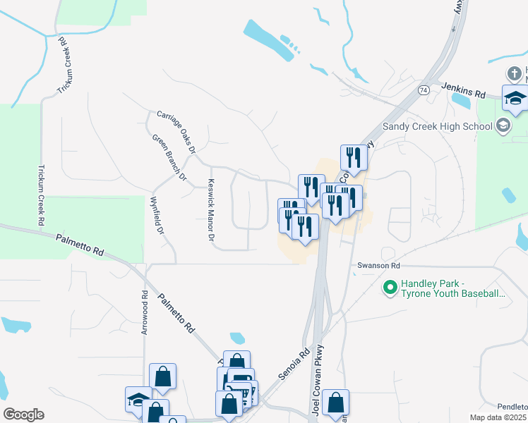 map of restaurants, bars, coffee shops, grocery stores, and more near 108 Village Green Circle in Tyrone