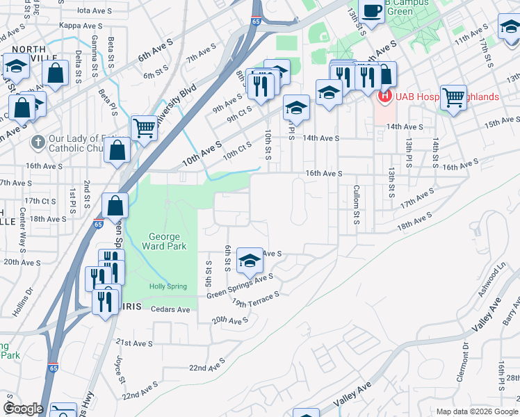map of restaurants, bars, coffee shops, grocery stores, and more near 667 Idlewild Circle in Birmingham