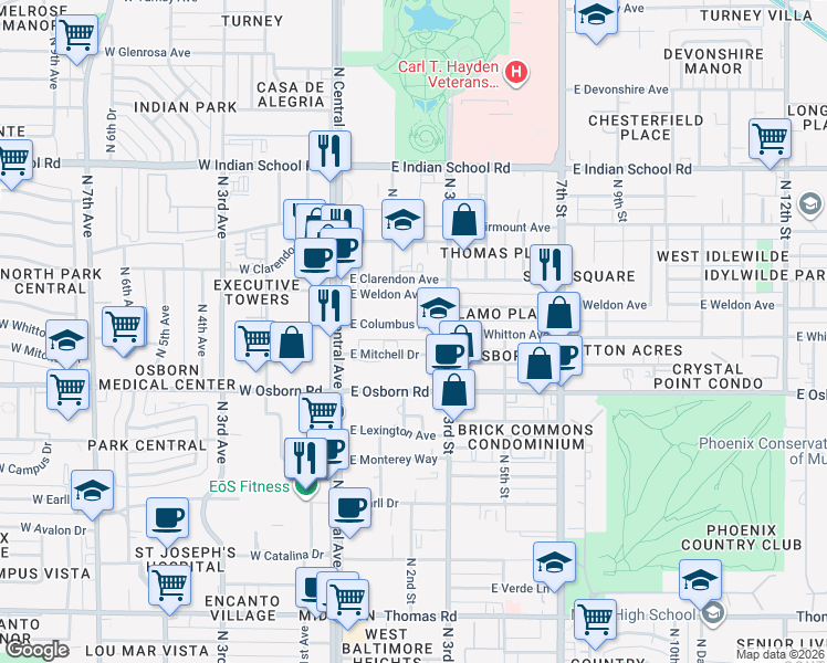 map of restaurants, bars, coffee shops, grocery stores, and more near 69 East Columbus Avenue in Phoenix