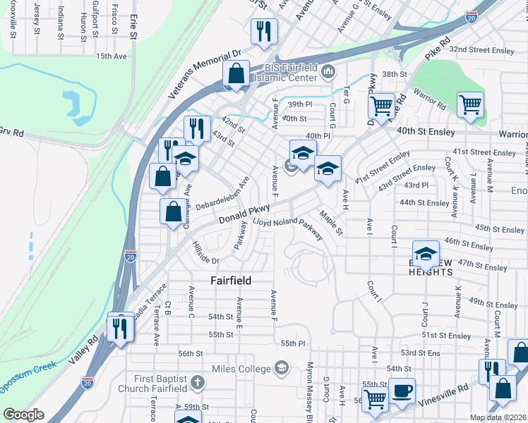 map of restaurants, bars, coffee shops, grocery stores, and more near 5009 Farrell Avenue in Fairfield