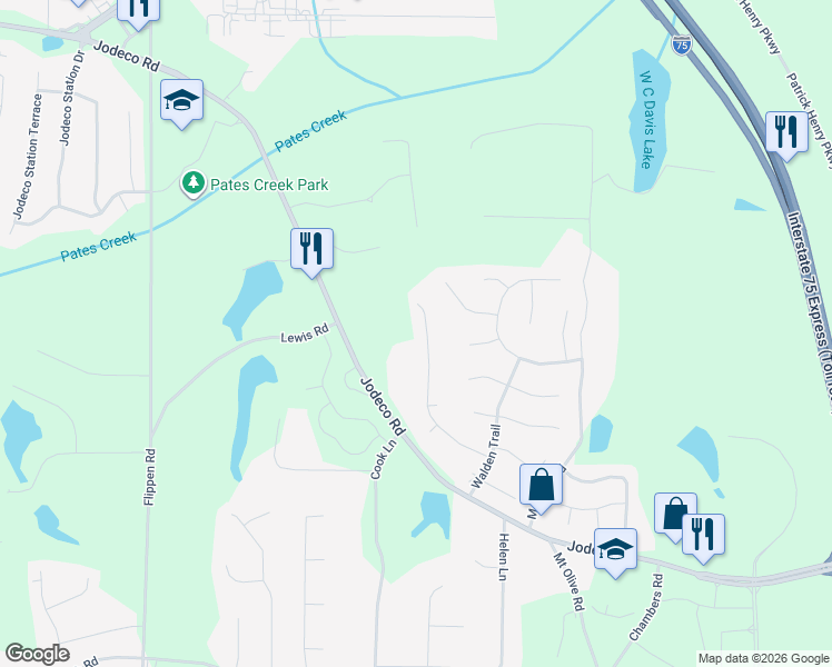 map of restaurants, bars, coffee shops, grocery stores, and more near 1680 Jodeco Road in Stockbridge