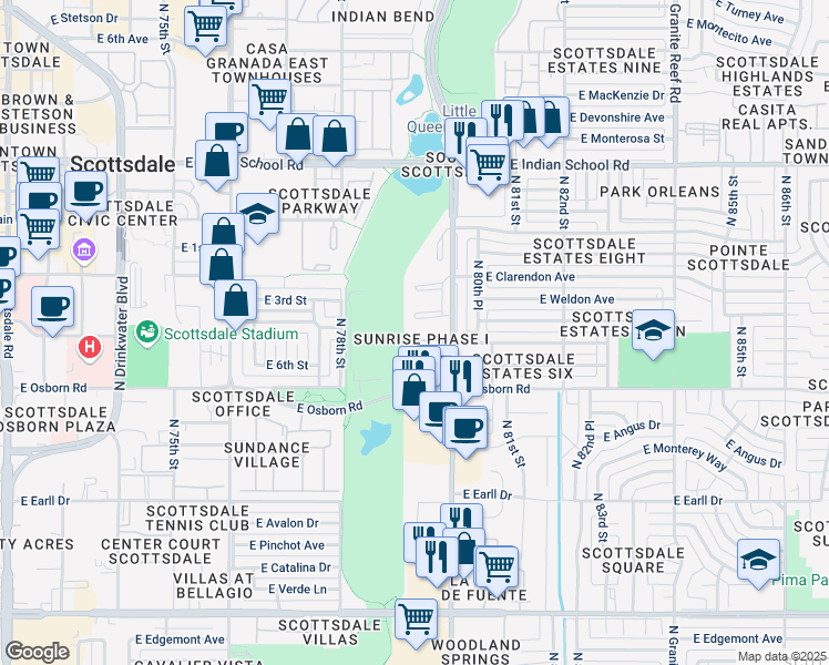 map of restaurants, bars, coffee shops, grocery stores, and more near Unnamed Road in Scottsdale