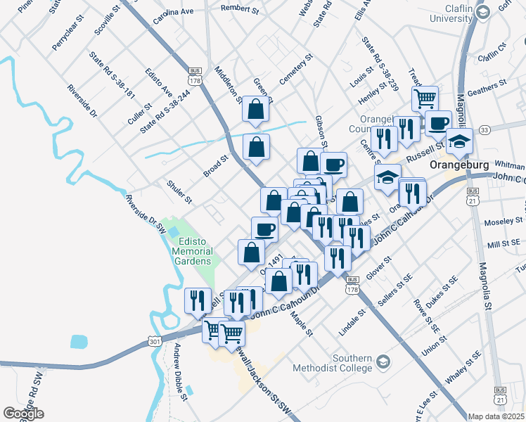 map of restaurants, bars, coffee shops, grocery stores, and more near 156 Amelia Street in Orangeburg