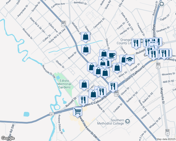 map of restaurants, bars, coffee shops, grocery stores, and more near 156 Amelia Street in Orangeburg