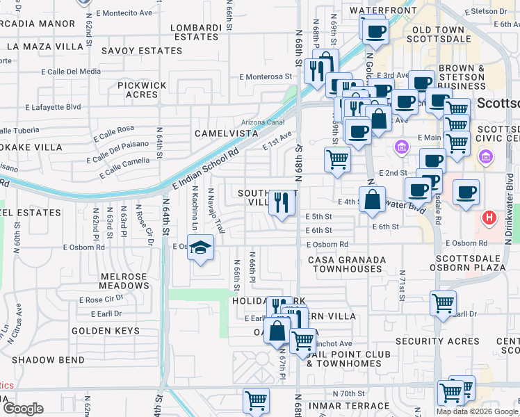 map of restaurants, bars, coffee shops, grocery stores, and more near 3516 North Hopi Way in Scottsdale