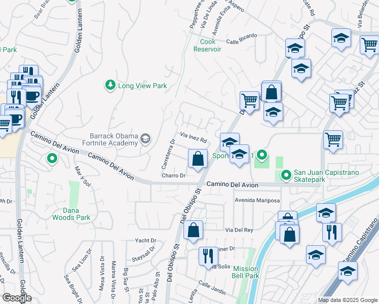 map of restaurants, bars, coffee shops, grocery stores, and more near 25572 Purple Sage Lane in San Juan Capistrano