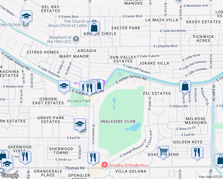 map of restaurants, bars, coffee shops, grocery stores, and more near 5729 East Indian School Road in Phoenix