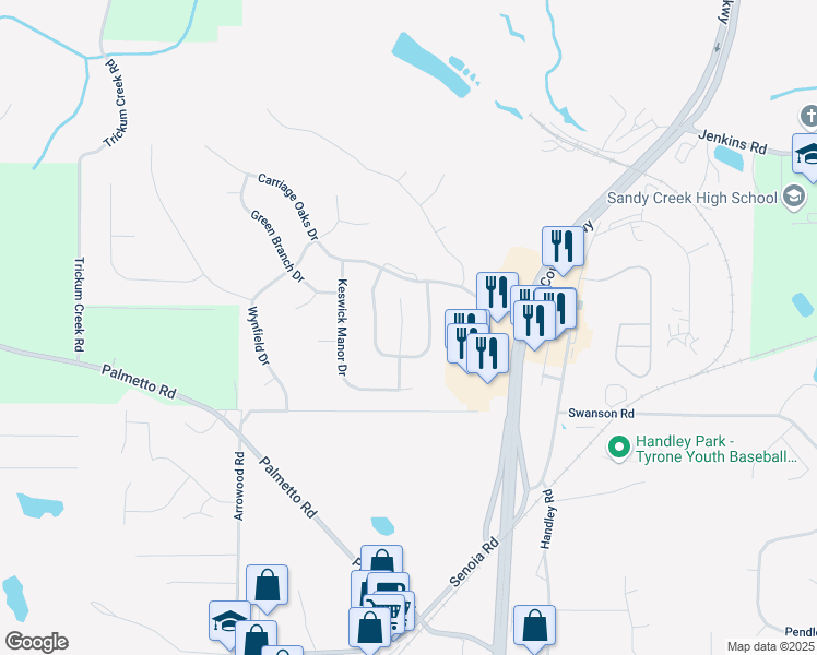 map of restaurants, bars, coffee shops, grocery stores, and more near 106 Wilmington Place in Tyrone
