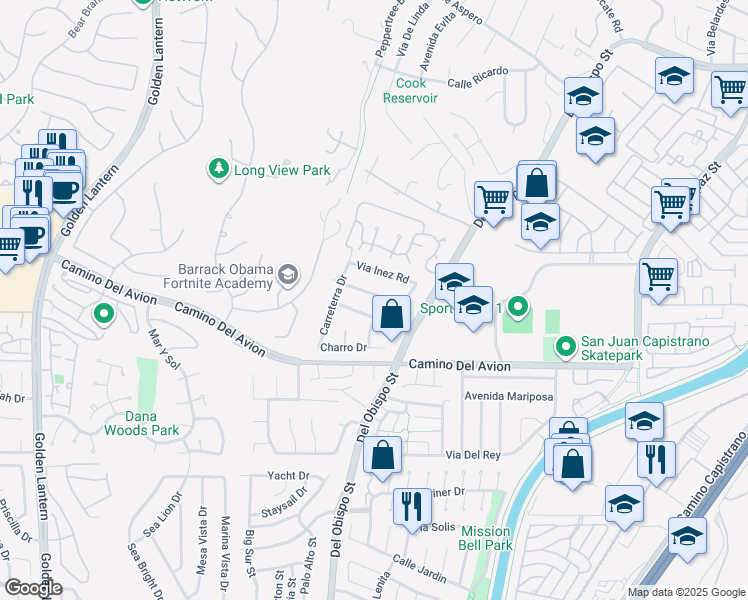 map of restaurants, bars, coffee shops, grocery stores, and more near 25572 Purple Sage Lane in San Juan Capistrano