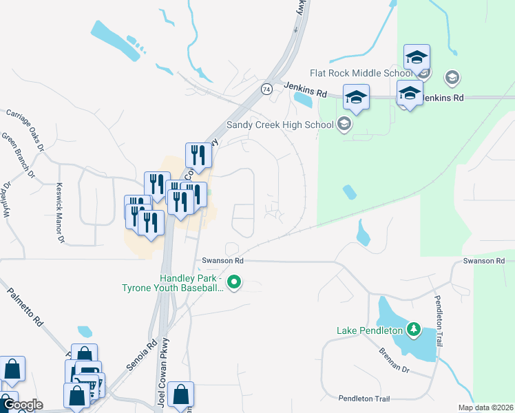 map of restaurants, bars, coffee shops, grocery stores, and more near 400 Millbrook Village Drive in Tyrone