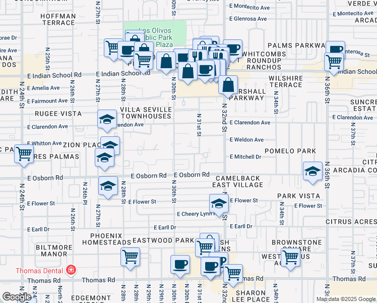 map of restaurants, bars, coffee shops, grocery stores, and more near 3431 North 31st Street in Phoenix