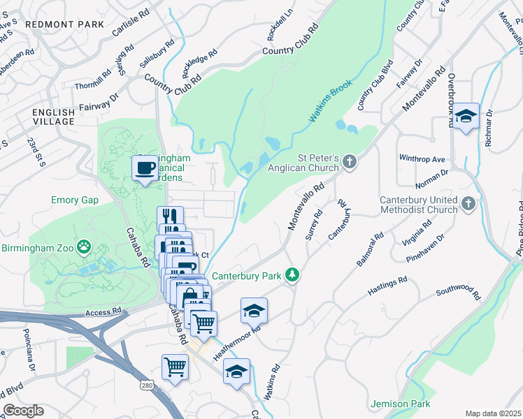 map of restaurants, bars, coffee shops, grocery stores, and more near 2690 Overhill Road in Birmingham