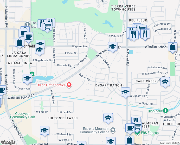 map of restaurants, bars, coffee shops, grocery stores, and more near 13317 West Indianola Avenue in Litchfield Park