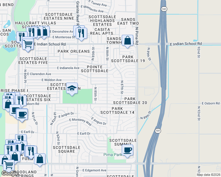 map of restaurants, bars, coffee shops, grocery stores, and more near 8607 East Whitton Avenue in Scottsdale
