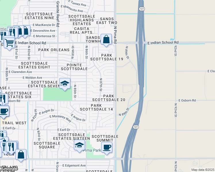 map of restaurants, bars, coffee shops, grocery stores, and more near 8732 East Whitton Avenue in Scottsdale