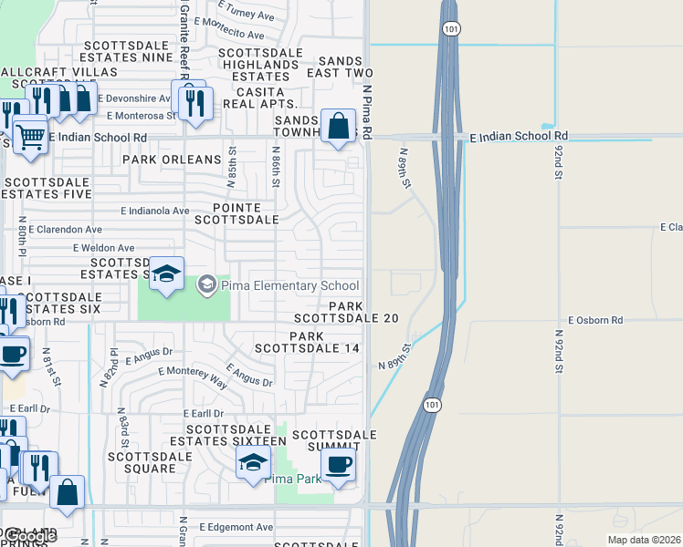 map of restaurants, bars, coffee shops, grocery stores, and more near 8732 East Whitton Avenue in Scottsdale