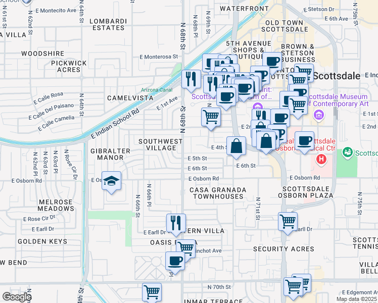 map of restaurants, bars, coffee shops, grocery stores, and more near 6805 East 2nd Street in Scottsdale