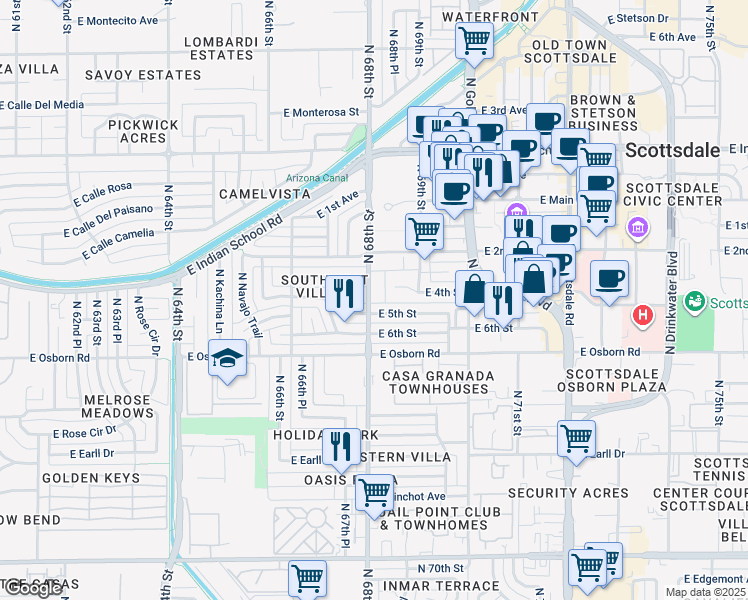 map of restaurants, bars, coffee shops, grocery stores, and more near 6805 East 2nd Street in Scottsdale