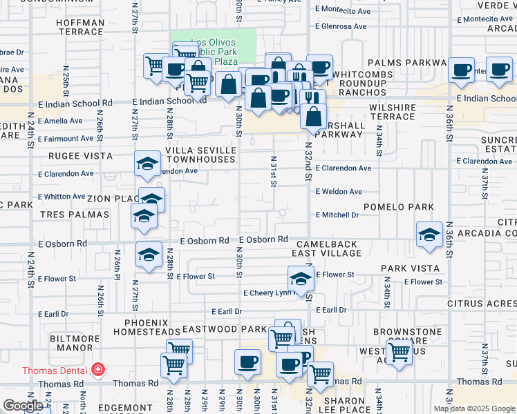 map of restaurants, bars, coffee shops, grocery stores, and more near 3431 North 31st Street in Phoenix