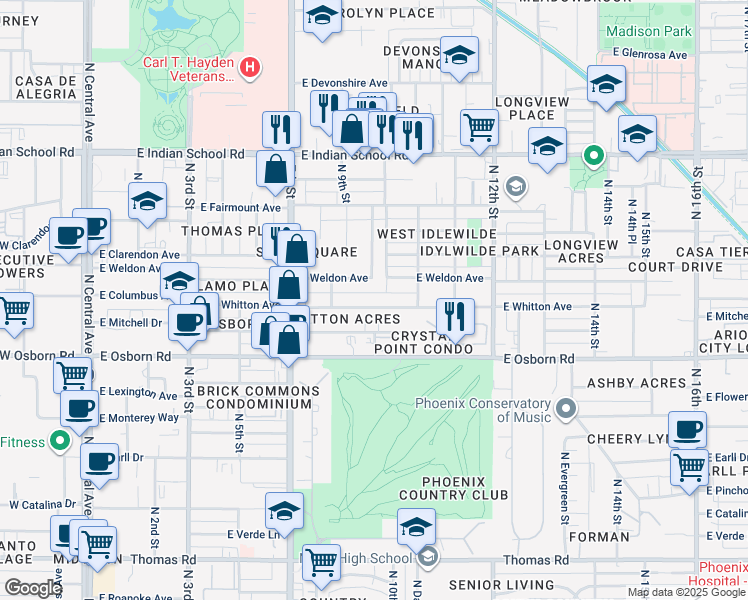 map of restaurants, bars, coffee shops, grocery stores, and more near 917 East Whitton Avenue in Phoenix