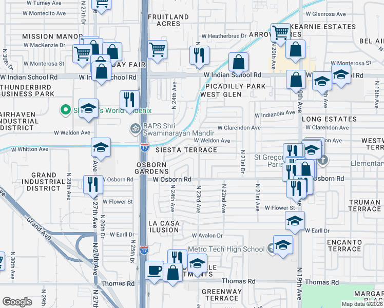 map of restaurants, bars, coffee shops, grocery stores, and more near 3432 North 23rd Avenue in Phoenix