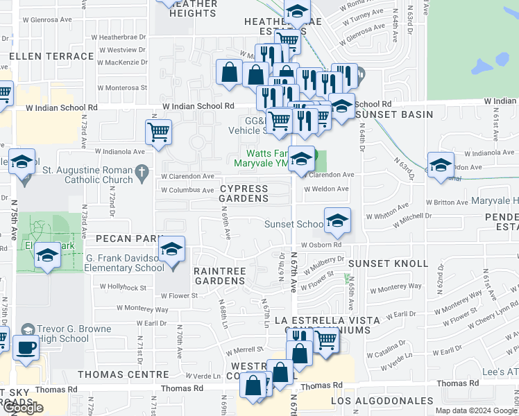 map of restaurants, bars, coffee shops, grocery stores, and more near 6814 West Crittenden Lane in Phoenix