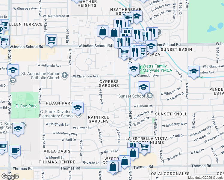 map of restaurants, bars, coffee shops, grocery stores, and more near 6814 West Crittenden Lane in Phoenix