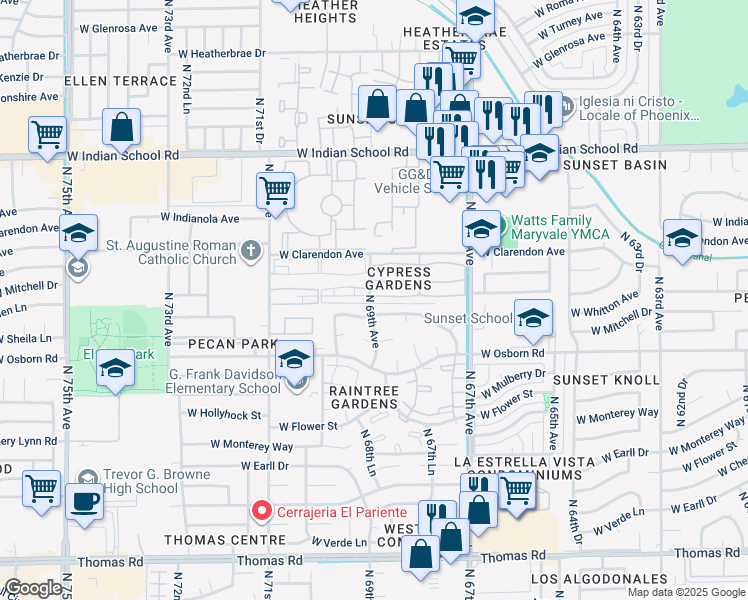 map of restaurants, bars, coffee shops, grocery stores, and more near 6850 West Crittenden Lane in Phoenix