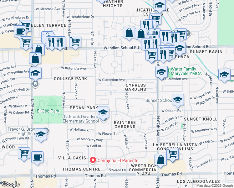 map of restaurants, bars, coffee shops, grocery stores, and more near 6938 West Crittenden Lane in Phoenix