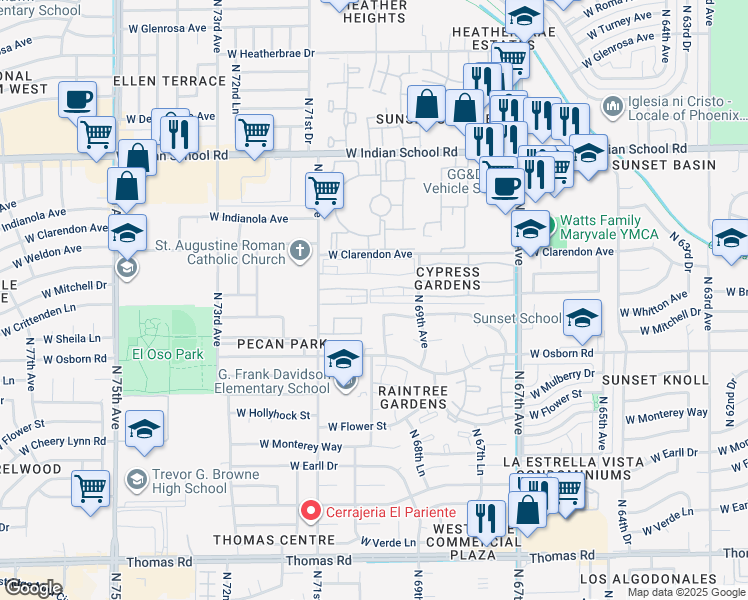 map of restaurants, bars, coffee shops, grocery stores, and more near 6938 West Crittenden Lane in Phoenix