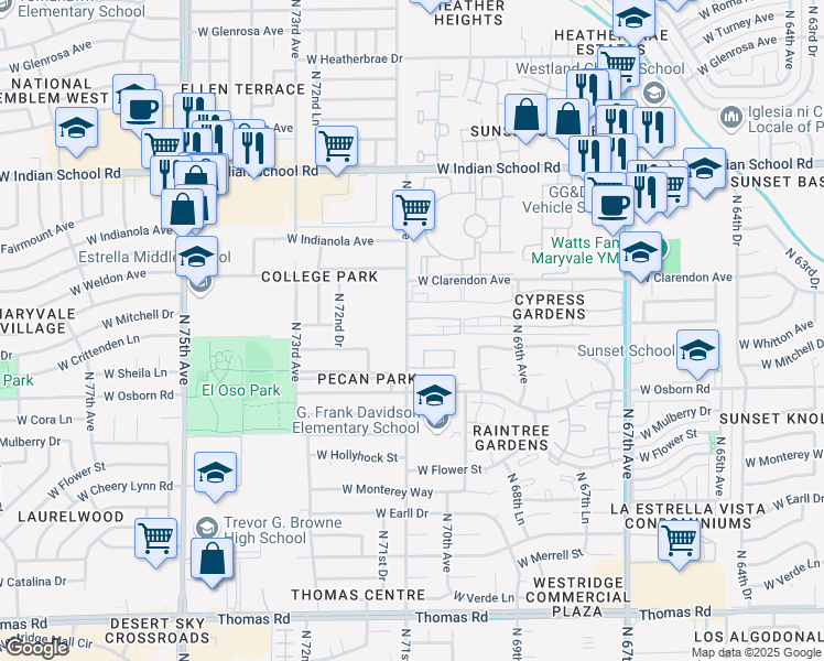 map of restaurants, bars, coffee shops, grocery stores, and more near 3401 North 71st Drive in Phoenix