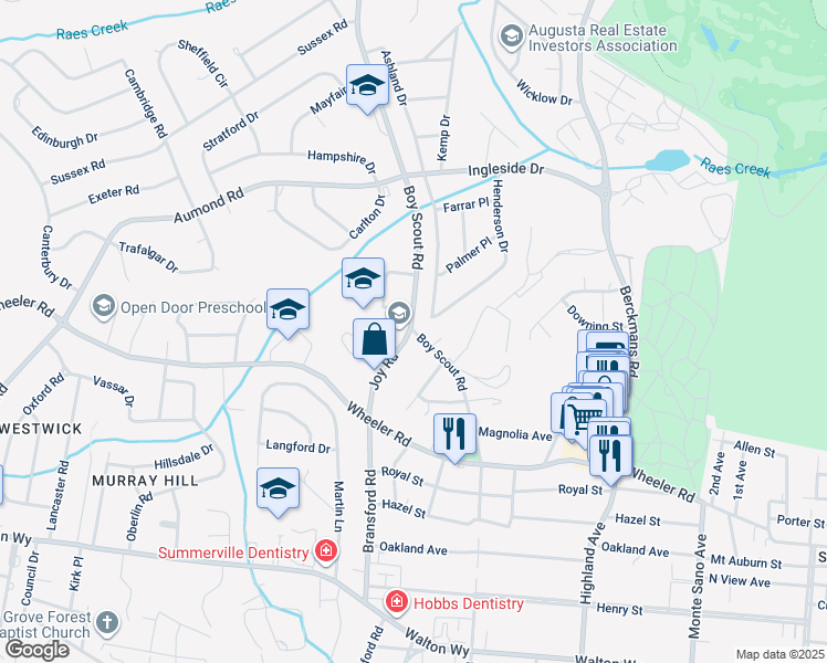 map of restaurants, bars, coffee shops, grocery stores, and more near 503 Boy Scout Road in Augusta