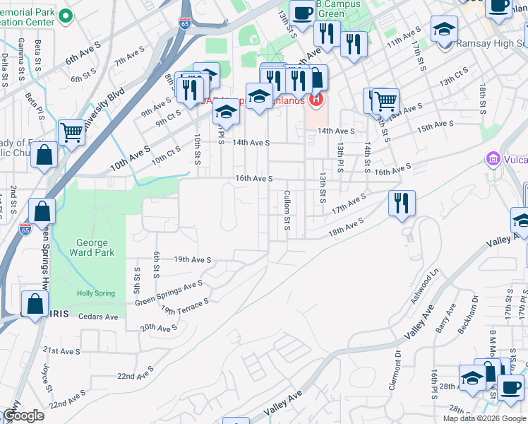 map of restaurants, bars, coffee shops, grocery stores, and more near 1708 11th Place South in Birmingham