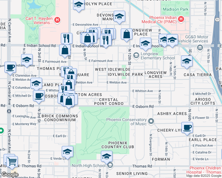 map of restaurants, bars, coffee shops, grocery stores, and more near 1044 East Whitton Avenue in Phoenix