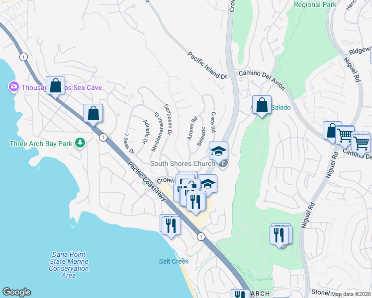 map of restaurants, bars, coffee shops, grocery stores, and more near 32672 Sea Island Drive in Dana Point