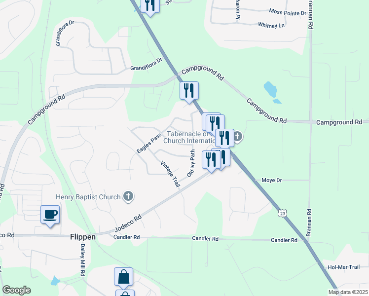 map of restaurants, bars, coffee shops, grocery stores, and more near 904 Castlerock Way in McDonough