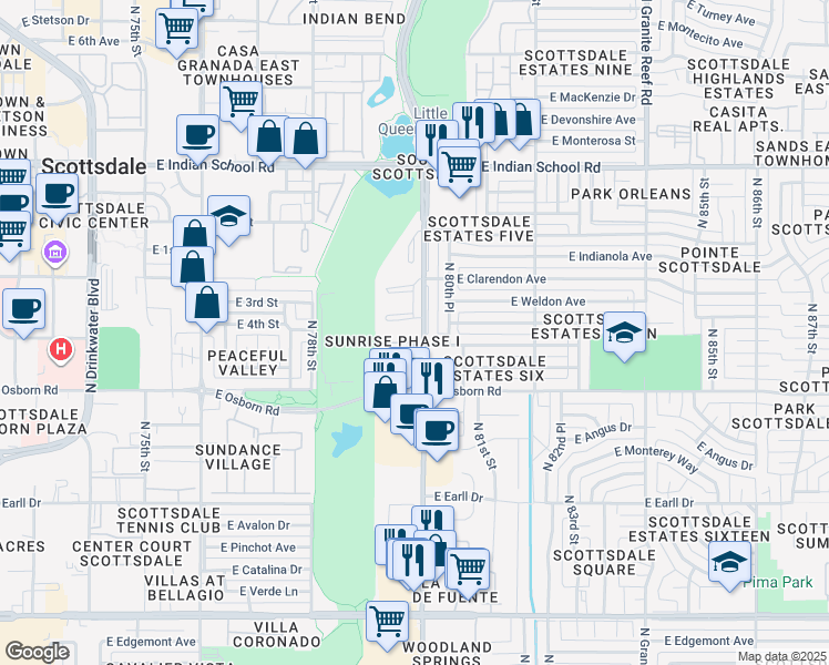 map of restaurants, bars, coffee shops, grocery stores, and more near 8001 East Whitton Avenue in Scottsdale