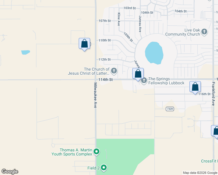 map of restaurants, bars, coffee shops, grocery stores, and more near 6401 114th Street in Lubbock