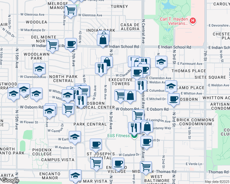 map of restaurants, bars, coffee shops, grocery stores, and more near 3600 North 2nd Avenue in Phoenix