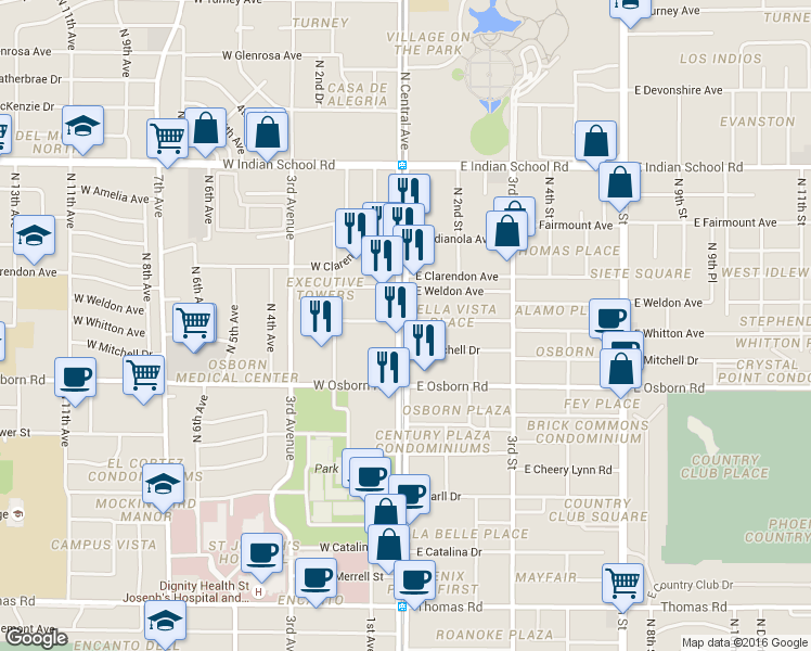 map of restaurants, bars, coffee shops, grocery stores, and more near 3535 N Central Ave in Phoenix