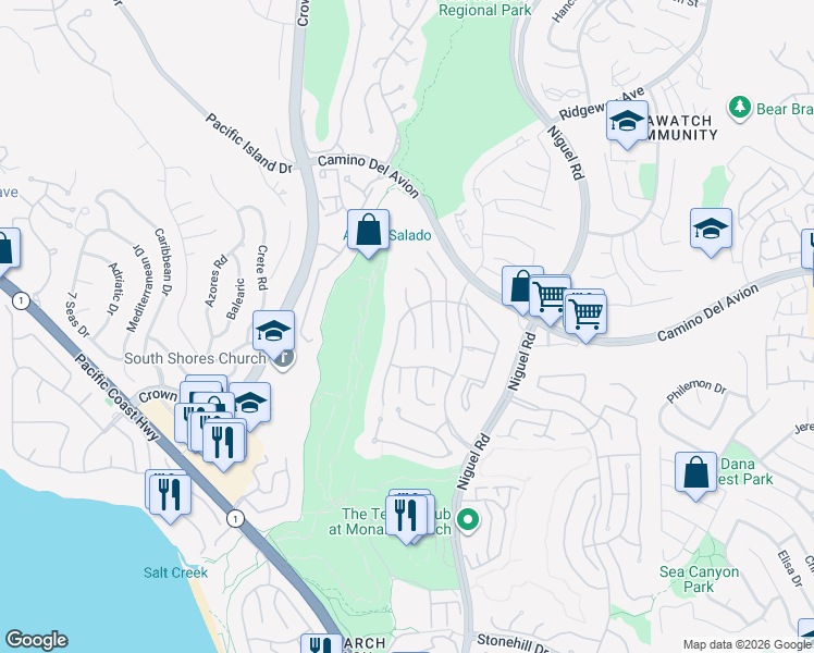 map of restaurants, bars, coffee shops, grocery stores, and more near 23 Costa Del Sol in Dana Point