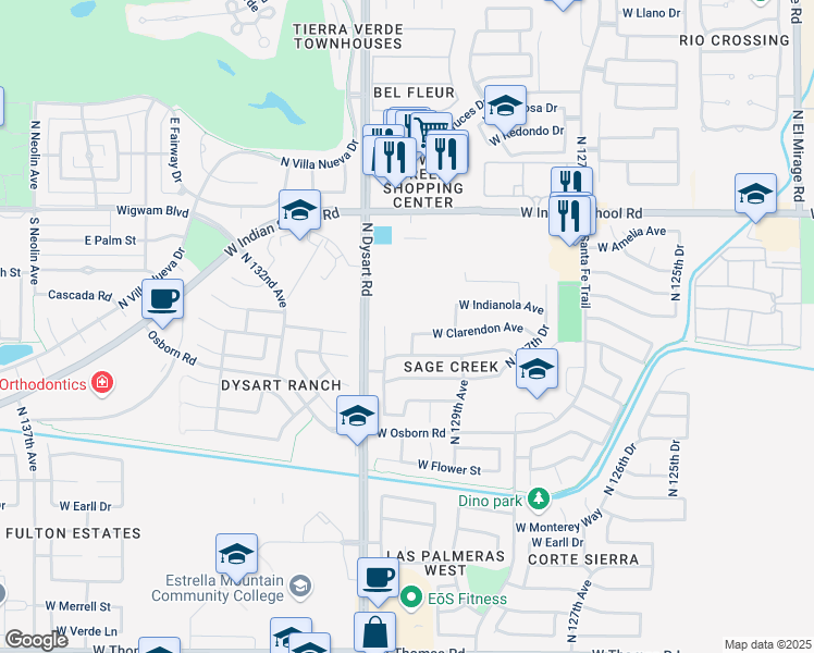 map of restaurants, bars, coffee shops, grocery stores, and more near 3506 North 130th Avenue in Avondale