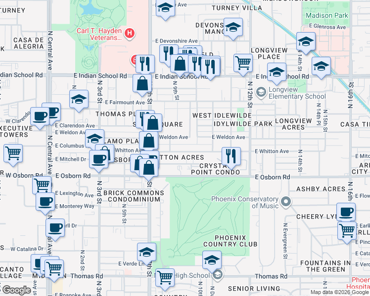 map of restaurants, bars, coffee shops, grocery stores, and more near 917 East Whitton Avenue in Phoenix