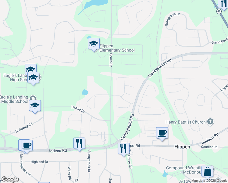 map of restaurants, bars, coffee shops, grocery stores, and more near 704 Winbrook Drive in McDonough