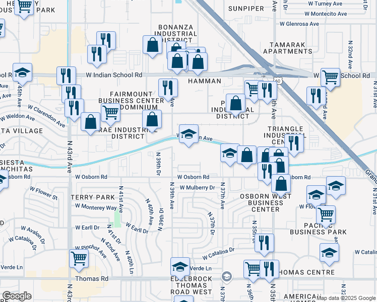 map of restaurants, bars, coffee shops, grocery stores, and more near 3449 North 39th Avenue in Phoenix