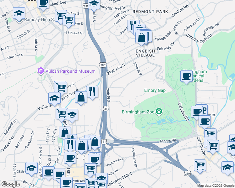 map of restaurants, bars, coffee shops, grocery stores, and more near 2049 23rd Avenue South in Birmingham