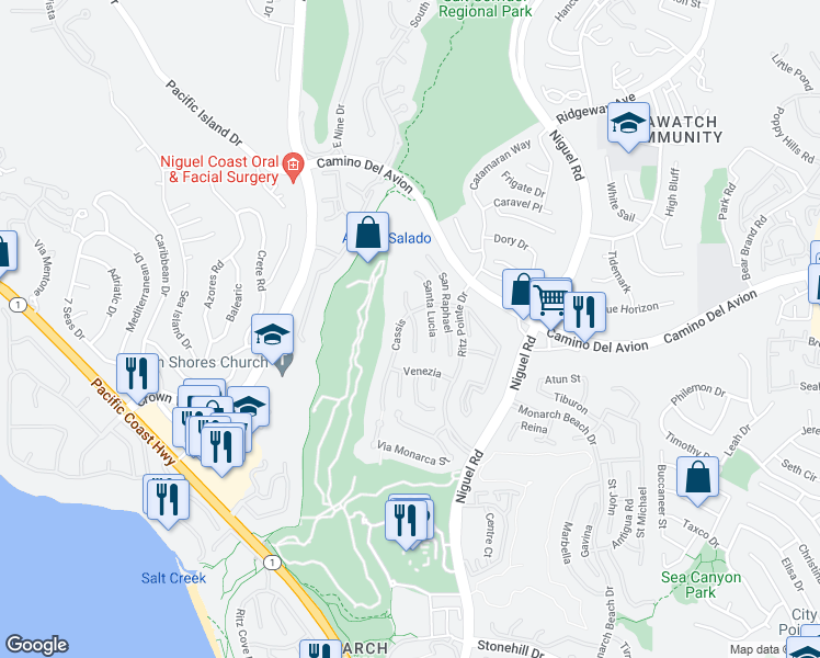 map of restaurants, bars, coffee shops, grocery stores, and more near 23 Costa Del Sol in Dana Point