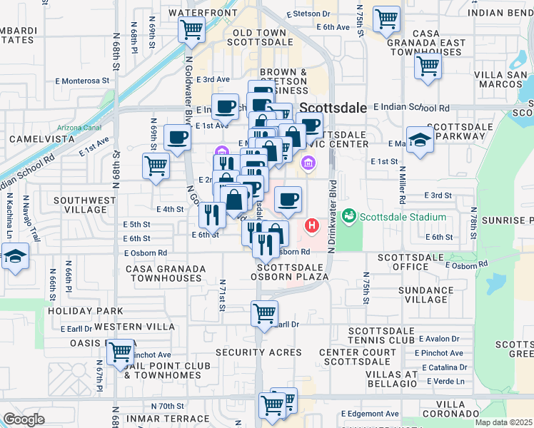 map of restaurants, bars, coffee shops, grocery stores, and more near 3501 North Scottsdale Road in Scottsdale