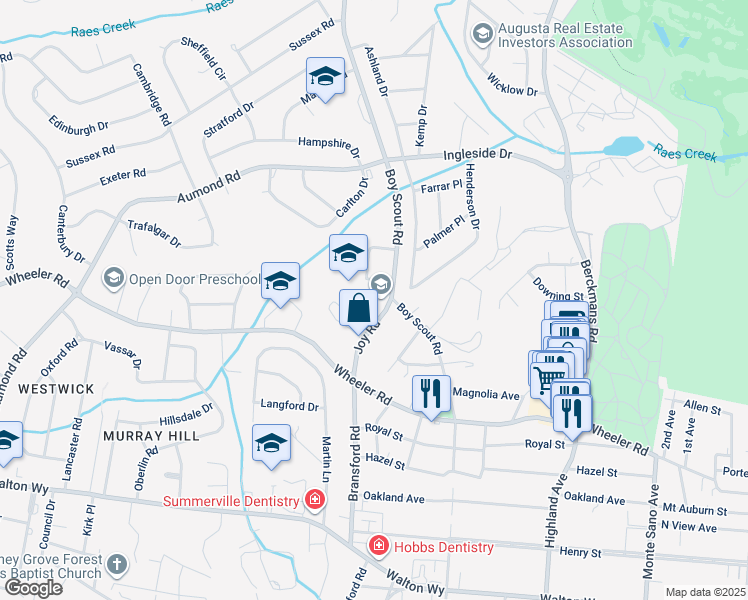 map of restaurants, bars, coffee shops, grocery stores, and more near 495 Boy Scout Road in Augusta